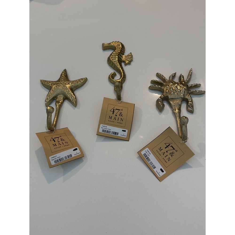 47th &‎ Main Gold Metal Nautical Wall Hooks Seahorse Starfish Crab Beach 3pc